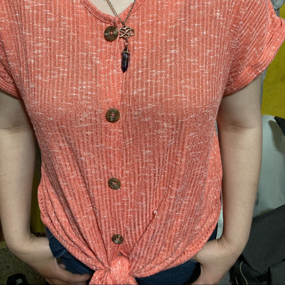 Peach blouse with buttons  and knot tie